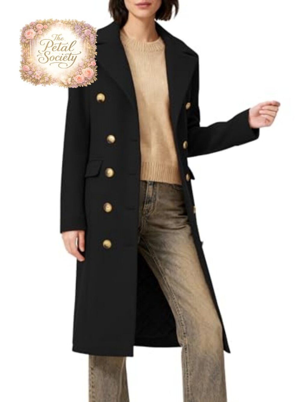Women's Notch Lapel Double-Breasted Peacoat Long Sleeve Winter Overcoat